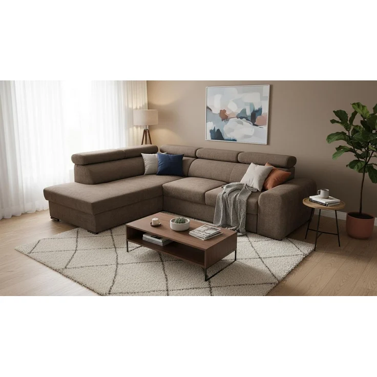 Wohnero24 Ecksofa PAVONE 4 208x263 cm – modernes Chenille Sofa Dunkelbraun mit Schlaffunktion 190x125 cm & Bettkasten, verstellbare Kopfstützen – Bild 3