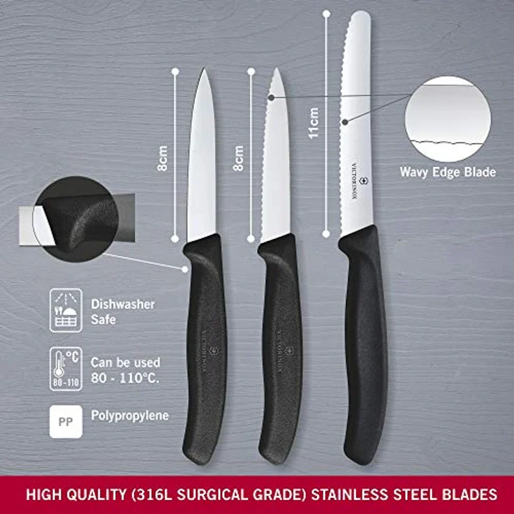 Victorinox Swiss Classic Gemüsemesser-Set, 3-teilig, gerader Schliff, Extra Scharf, Robuster Kunststoffgriff, schwarz – Bild 3