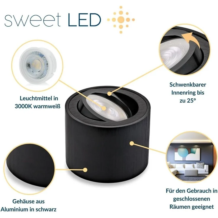 Sweet LED LED Aufbaustrahler 6er Set flache LED Aufbauspots - rund & schwenkbar, 5 W, 230V, LED wechselbar, Warmweiß, LED Deckenlampe, Deckenspot, Deckenstrahler – Bild 2