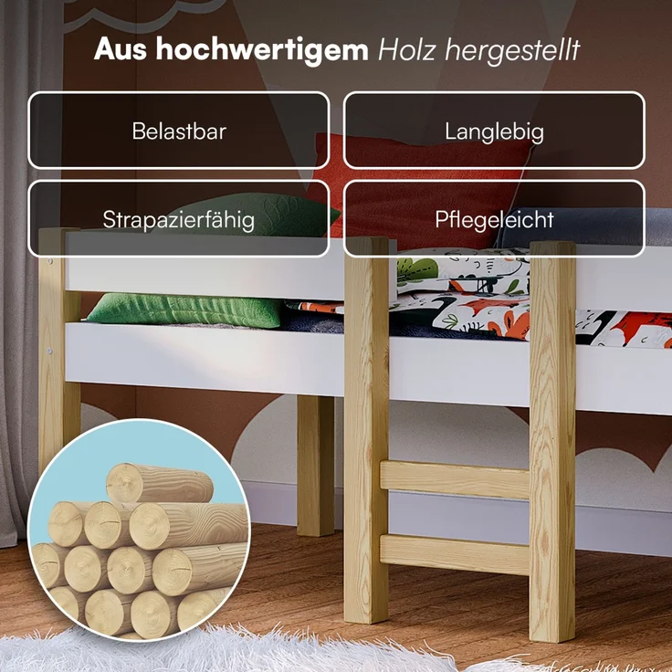 Bellabino 'Aspy' Halbhochbett 90x200 cm mit Leiter, weiß, Kinderbett mit Rausfallschutz und Lattenrost – Bild 5