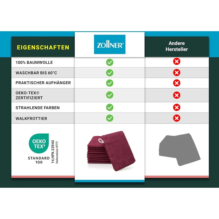 ZOLLNER 10er-Set Waschhandschuhe, Baumwolle, 16x21 cm, 400g/qm, bordeaux (dunkelrot) – Bild 6