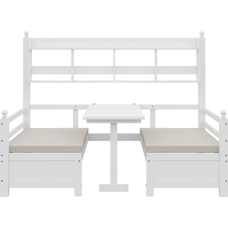 Merax Daybett Multifunktionales Massivholz Schlafsofa 200x90 cm, 2-in-1 Bett und Schreibtisch, Frei Umbaubar, Mit Bücherregal Zur Aufbewahrung, Mit Bequemen Kissen, Gästebett Einzelholzbett, Weiß – Bild 8