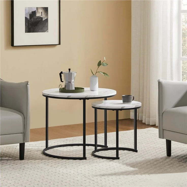 Yaheetech Couchtisch, 2er Set Beistelltisch Sofatisch mit Runder Tischplatte & Metallgestell – Bild 2