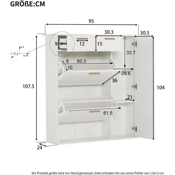 Schuhschrank, Schuhkipper mit Schubladen, Breite 95 cm, 2 Schubladen, 1 Türen, 2 Klappen, 1 offene Fächern – Bild 7