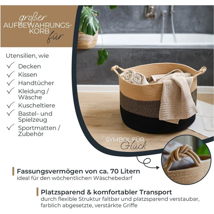 HMF Aufbewahrungskorb Aufbewahrungskorb mit Glücksknoten-Griffen, großer Korb aus Baumwolle, 50x33 cm, Schwarz-Honig – Bild 2