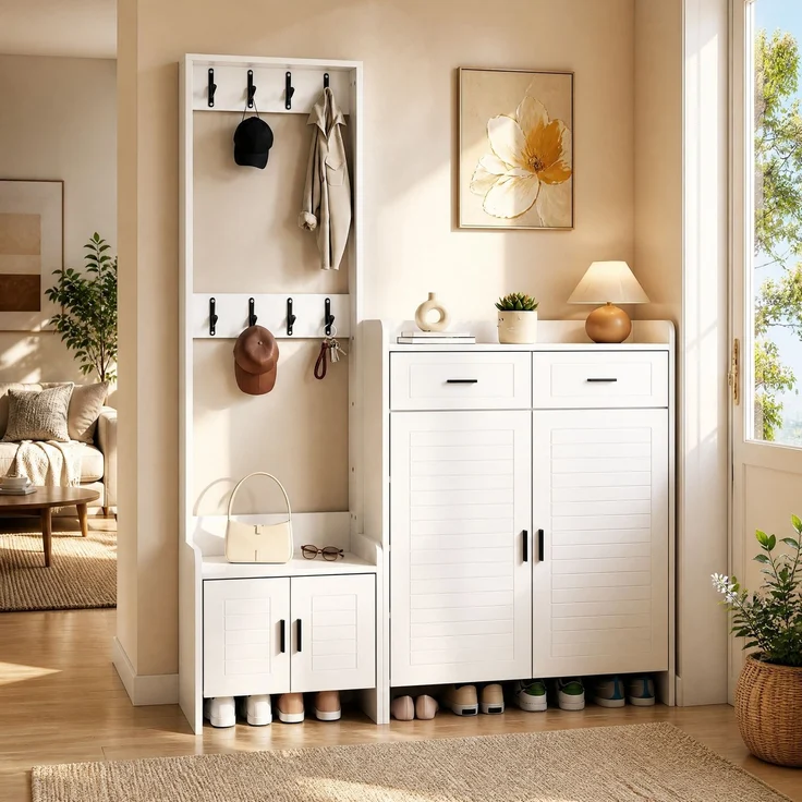 Garderobenschrank, mit 8 Haken, 2 Schubladen & 6 Böden, 125x36x165 cm, Weiß – Bild 4
