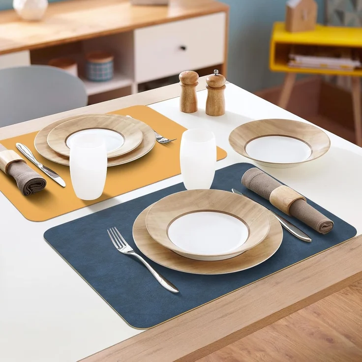 ABC 6-teiliges wasserfestes und hitzebeständiges Esstischset aus PVC-Leder, für Küche, Esszimmer und Hotel, 40 x 30 cm, blau und gelb – Bild 5