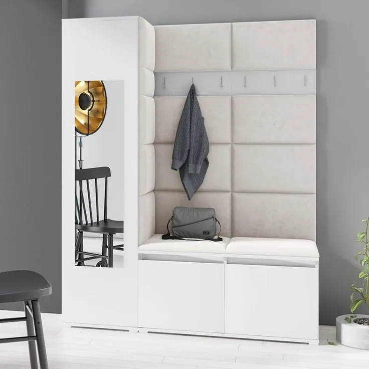 Garderoben-Set LINDA, Kleiderschrank mit Polsterplatten, Schuhschrank und Schrankaufsatz, für Flur und Eingangsbereich (Weiß, Trinity 01), 185 x 40 x 145 cm