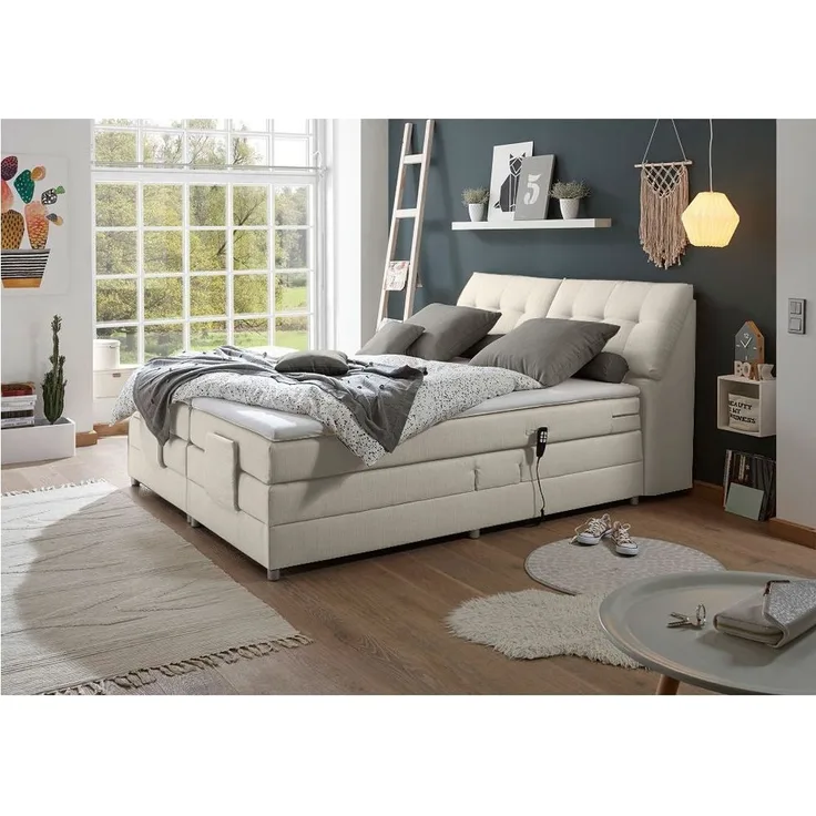 Lomadox Boxspringbett CONCORD3M-09, 180x200 cm, H2, elektrisch verstellbar, ivory creme, mit VISCO-Topper
