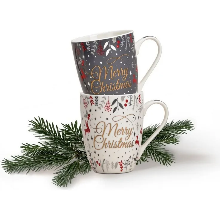 matches21 HOME & HOBBY Tasse Weihnachtassen 2er Set mit Spruch Merry Christmas Kaffeetassen, 2-tlg, Porzellan, Tee Kaffee-Becher, Weihnachten, modern, grau weiss bunt, 300 ml