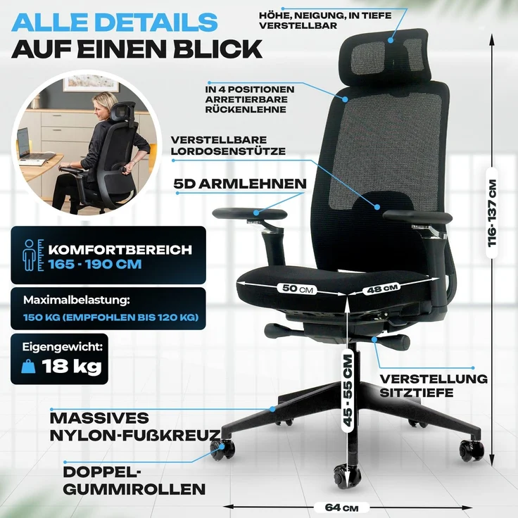 VALKENSTOL M4 Bürostuhl Ergonomisch Testsieger mit 5D Armlehnen und Kopfstütze für maximale Bewegungsfreiheit, Bequeme und Rückenfreundliche Bürostühle, Schreibtischstuhl, Home Office Chair – Bild 7