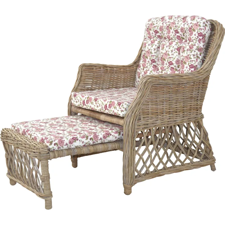 Rattansessel, Relaxsessel mit ausziehbarem Fußteil, handgeflochten, naturgrau