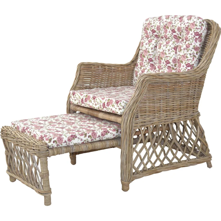 Rattansessel, Relaxsessel mit ausziehbarem Fußteil, handgeflochten, naturgrau – Bild 1