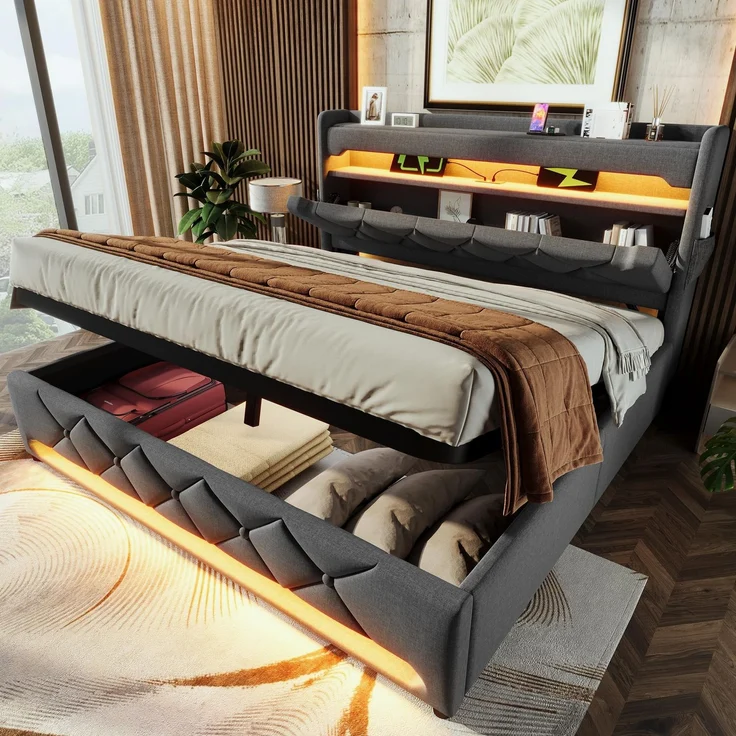 FAVSH Polsterbett Doppelbett 160x200 cm, Stauraumbett Bett mit USB Type-C Port und Einstellbar Stauraum Kopfteil, LED Hydraulisches Bett Stauraumbett Jugendbett,Leinen, ohne Matratze (Grau)