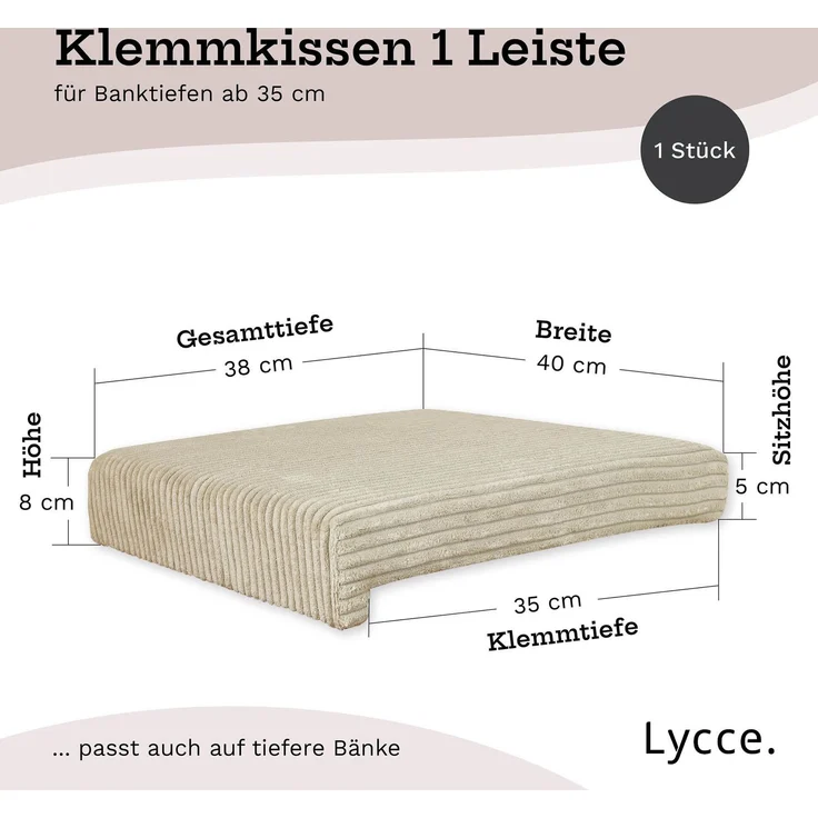 Lycce Bankauflage Klemmkissen mit Leiste - Cord, Polsterung, rutschfest Beige 8x40x38cm – Bild 4