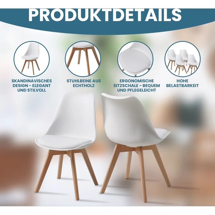 ALBATROS Esszimmerstühle 4er Set AARHUS, Weiss - Beine aus Buche Massiv-Holz, Skandinavisches Retro-Design, bequemer Schalenstuhl - Eleganter Küchenstuhl, Stuhl Esszimmer für Esstisch – Bild 3