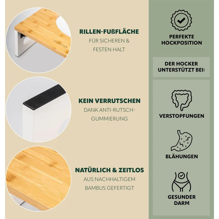 eluno Toilettenhocker, Fußbank aus Bambus, platzsparend zusammenklappbar, weiß – Bild 4