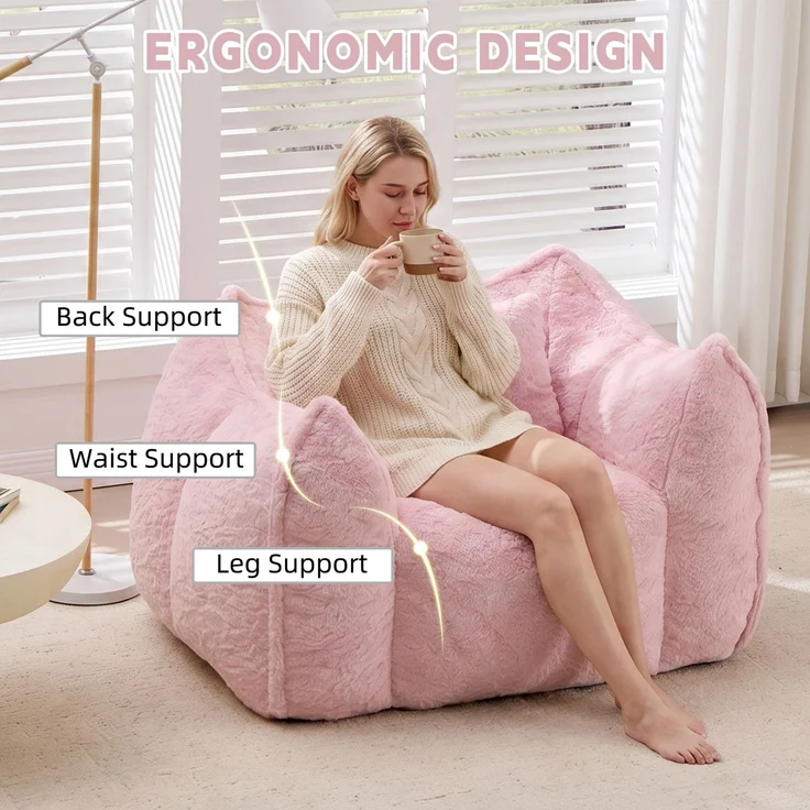 Riesiger Sitzsack mit Kissen, bequeme große Sitzsäcke für Erwachsene und Kinder, Kunstfell-Bodensofa für Wohnzimmer, Schlafzimmer und Wohnung, Rosa--Rosa--123x97x73cm--YOUDENOVA – Bild 5