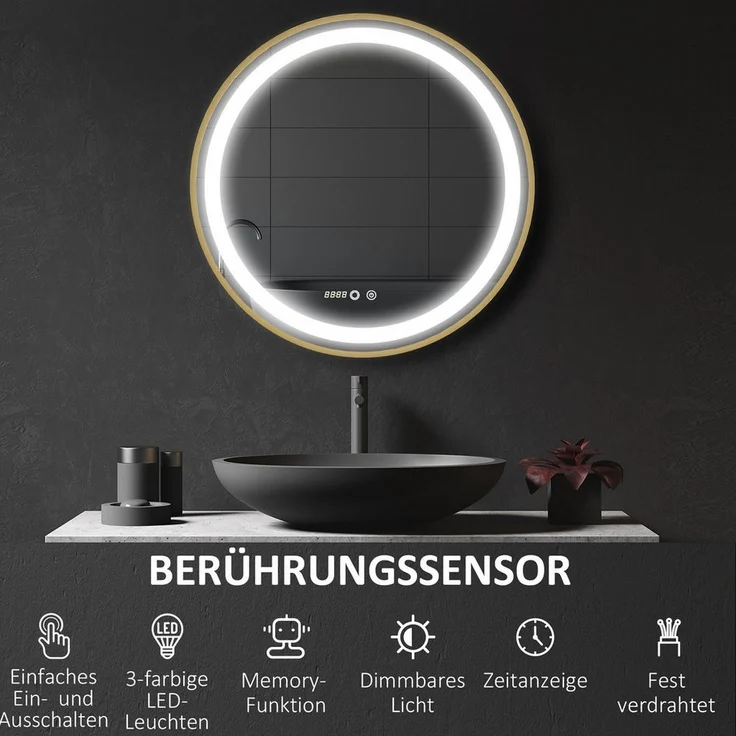 Kleankin Spiegel Badspiegel, Wandspiegel mit LED-Leuchte (Dimmbarer Badezimmerspiegel mit Memoryfunktion, 1-St, Runder Lichtspiegel mit Zeitanzeige), IP44, Aluminiumlegierung, 60 x 60 cm – Bild 3