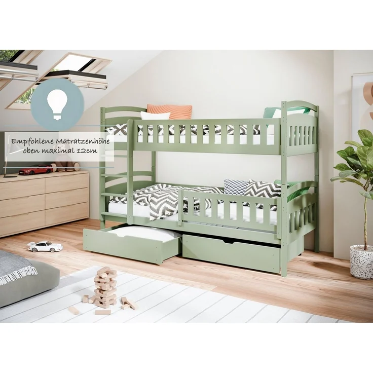 Kids Collective Etagenbett Hochbett Kinderbett 80x180 90x200 umbaubar in zwei Einzelbetten, 90x200 cm mit zwei Schubladen Lattenrost Rausfallschutz Olivgrün – Bild 3