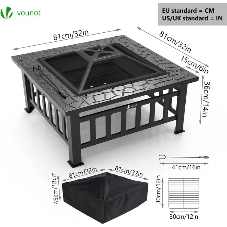 VOUNOT® Feuerschale mit Funkenschutz, Metall Feuerstelle Feuerkorb für Garden Terrasse Heizung, mit Wasserfester Schutzhülle, 81 x 81 x 45 cm – Bild 3