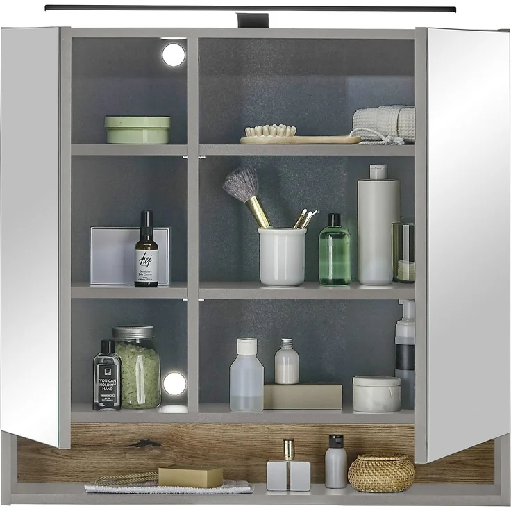 Badezimmerspiegelschrank >Denver< LED, Steckdose, grau matt / evoke eiche Dekor - 80x75x22 (BxHxT) – Bild 4