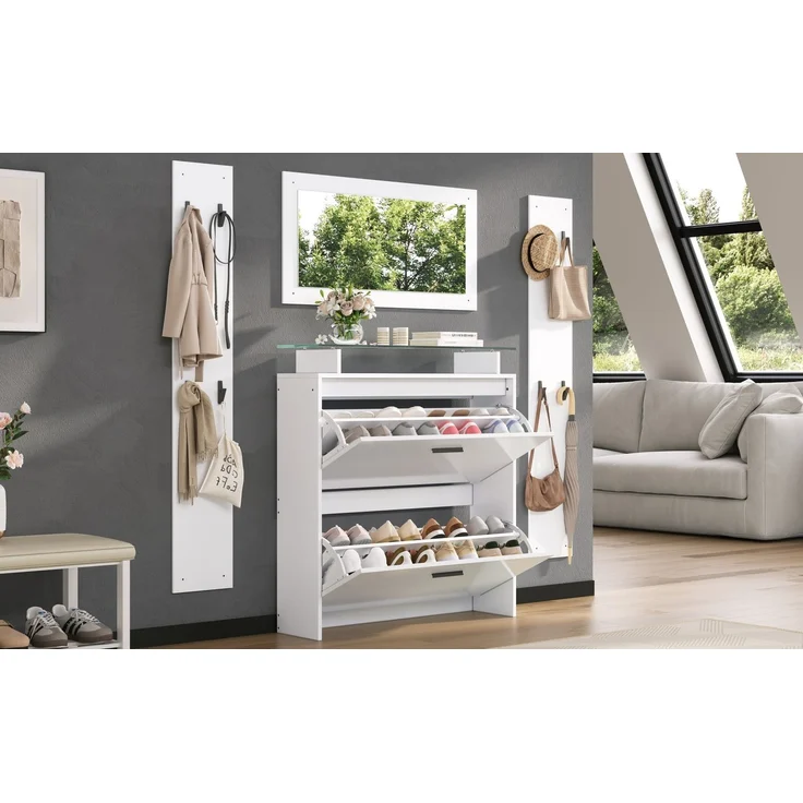 89.5*23*96.5cm Garderoben-Set 4-teilig mit Spiegel,2 Hutablage und Hochglanz Schuhschrank. Flur Garderobenständer Kleiderständer Set,Flurgarderoben Set,Kompaktgarderobe mit 8 Kleiderhaken,Weiß--Weiß--89.5x23x96.5cm--YOUDENOVA – Bild 10