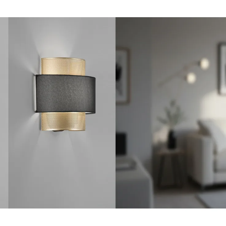 LED Wandlampe Metall Gold mit Stoffblende Schwarz, Breite 25cm