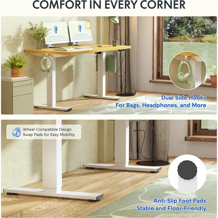 FLEXISPOT Höhenverstellbarer Schreibtisch 140×80cm, mit Haken und 25mm EINTEILIGER Tischplatte, ergonomischer Schreibtisch mit LED-Höhenanzeige und Memory-Funktion (Ahorn, Mousseweiß) – Bild 8