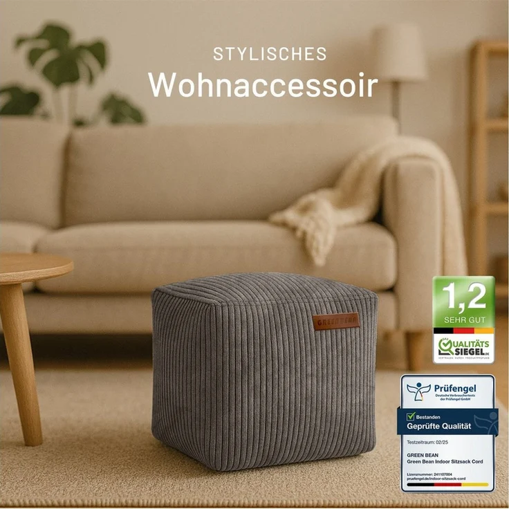 Green Bean Pouf Cube Cord (Indoor Sitzhocker Sitzkissen Fußhocker Relax-Sessel, Made in Germany), die ideale Ergänzung zum Sitzsack – Bild 4