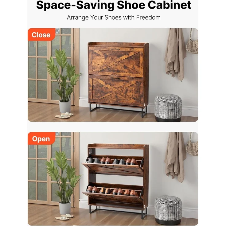 VEVOR Schuhschrank mit 2 Klappen & Kippschutz, platzsparender Schuhkipper, freistehender Schuhregal-Organizer für den Eingang Flur Wohnzimmer Veranda, Vintage Schuhregal 800 x 240 x 973 mm Braun – Bild 6