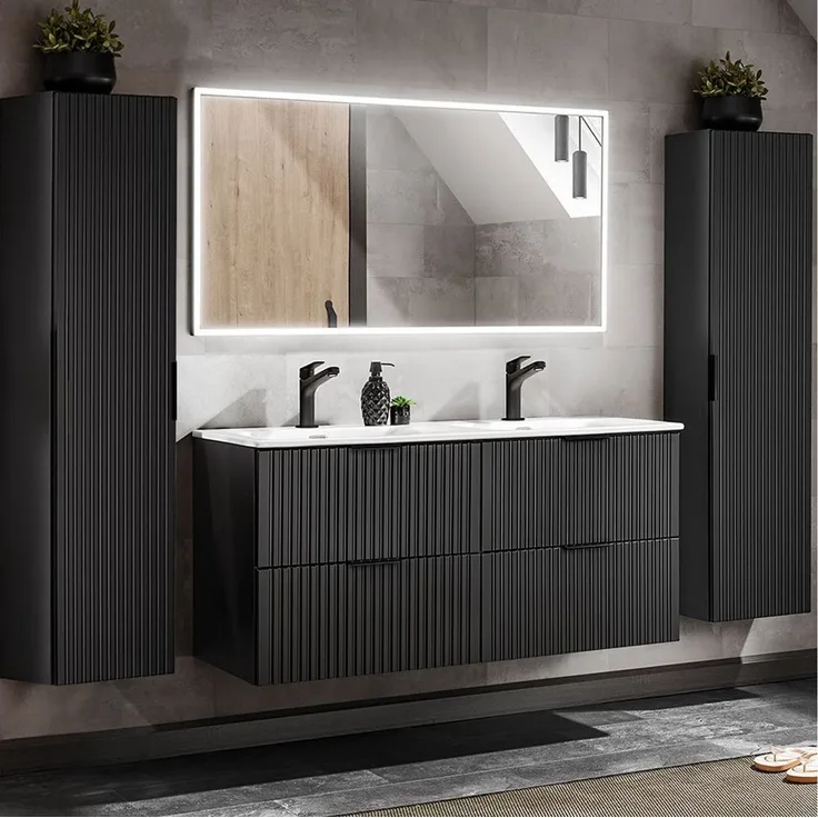 Lomadox Badmöbel-Set ADELAIDE-56-BLACK, (Spar-Set, 4-St), mit 121cm Waschtisch in matt schwarz mit Rillenoptik 220/200/46 cm