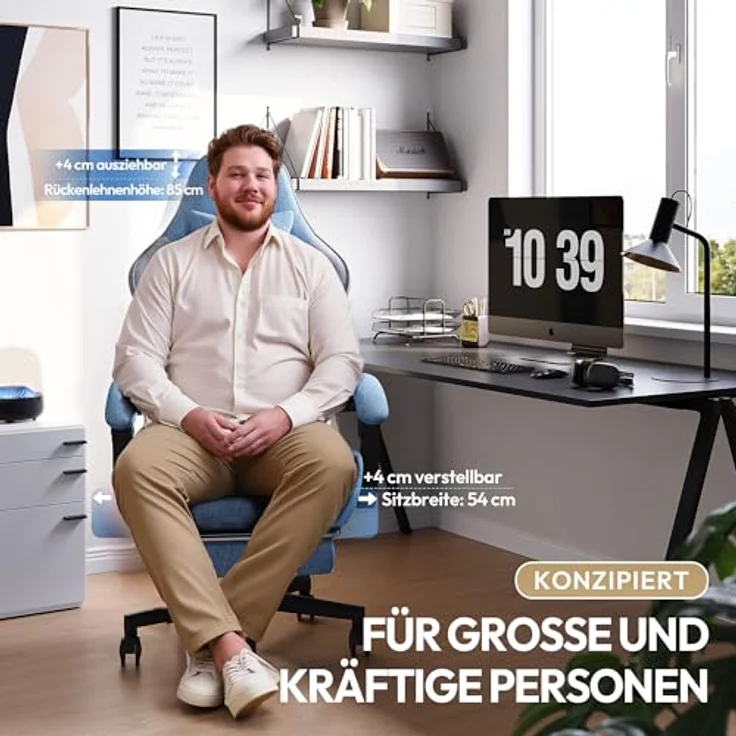 Dowinx Gaming Stuhl Tasche Frühling Kissen, Atmungsaktiver Bürostuhl aus Hochwertigem Stoff, Ergonomischer PC-Stuhl mit Kopfstütze, Drehbarer Schreibtischstuhl mit Fußstütze (Blau) – Bild 5