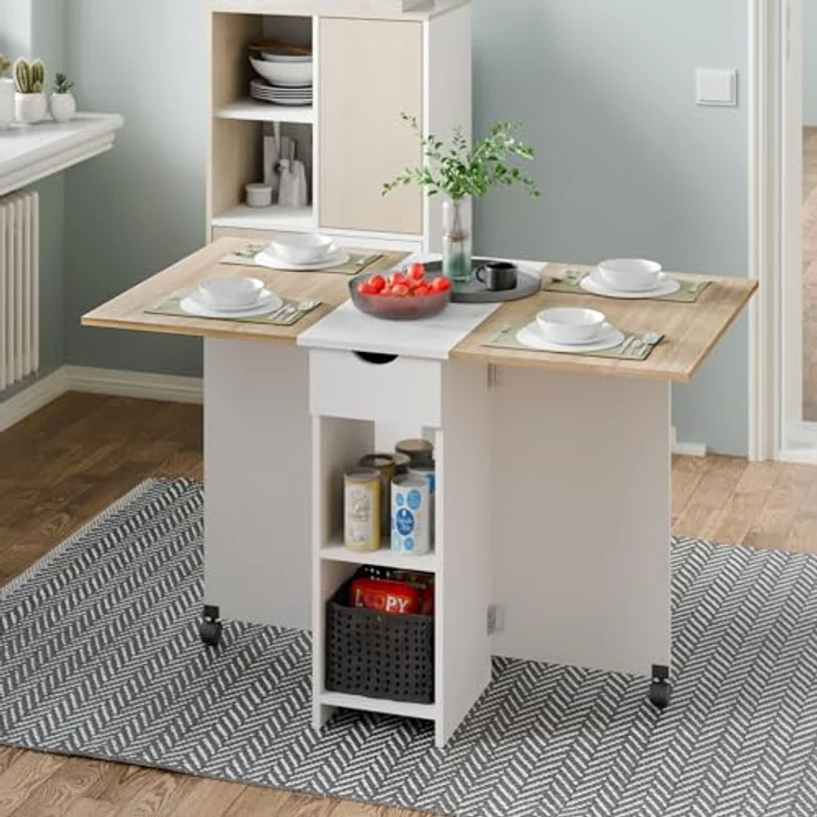 Mondeer Esstisch Klappbar, Küchentisch mit 1 Schublade und 2 Ablagen für 2-4 Personen, Klapptisch Esszimmertisch mit Rollen für Kleine Räume, Esszimmer, Küche, 72 x 120 x 75 cm, Eiche und Weiß – Bild 9