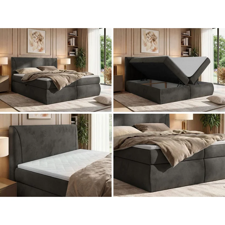 Boxspringbett mit Bettkasten TARENZA, Boxspringbett 140x200 cm mit Bonell-Matratze H3, Bett mit Topper T25, komfortables Boxspringbett, gepolstertes Kopfteil - Dunkelgrau Velvet – Bild 2