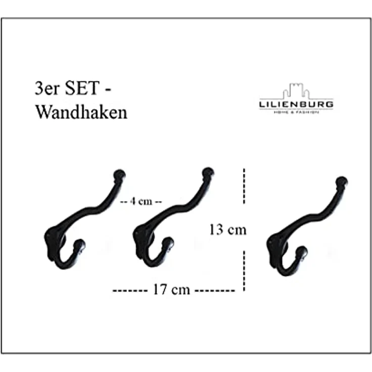 LB H&F Lilienburg Garderobenhaken Lilienburg 3 x Garderobenhaken Wandhaken Set Haken Garderobe (Set 3er), Wandgarderobe Kleiderhaken Metall Nostalgie massiv schwere Qualität – Bild 6