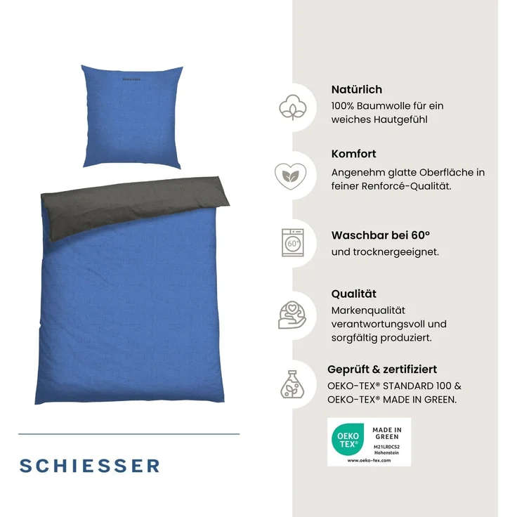Schiesser 'Doubleface' Wendebettwäsche, Baumwolle, 2-teilig, Blau / Anthrazit, 155x220 cm, Renforcé – Bild 2