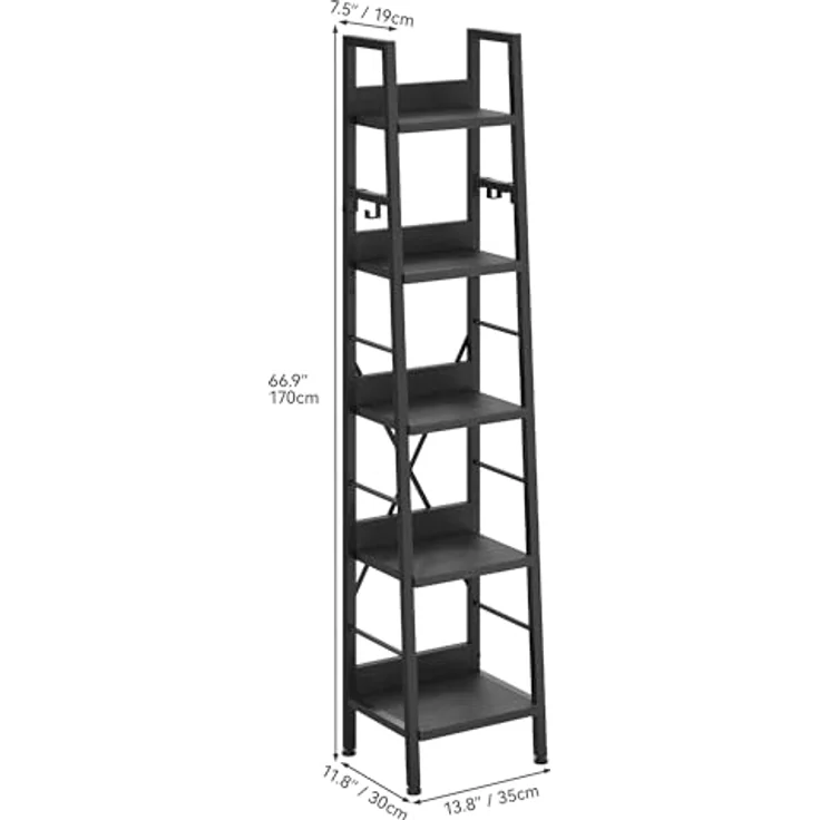 YITAHOME Bücherregal mit 5 Ebenen, hohes, schmales dünnes Holzregale und Metallrahmen, modernes Regal für Wohnzimmer, Flur, Büro, schwarzes – Bild 3