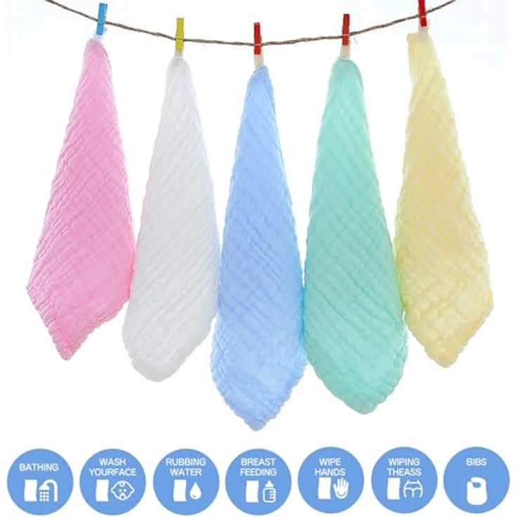 EXTSUD Baby Waschlappen, 10er Musselin Spucktücher Baby 25x25cm Mulltücher Baumwolle Moltontücher Handtücher Weiche Gesichtstücher Neugeborene Baby Wipes(Farbig) – Bild 7
