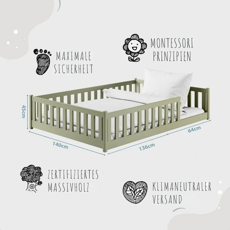Kids Collective Kinderbett Bodenbett Bett mit Rausfallschutz & Lattenrost Montessori Bett Kinder (weitere Größen 80x160, 80x180, 90x190, 90x200, 120x200 cm), Jugendbett Einzelbett optional mit Matratze Olivgrün Kiefer 140x200 cm – Bild 3