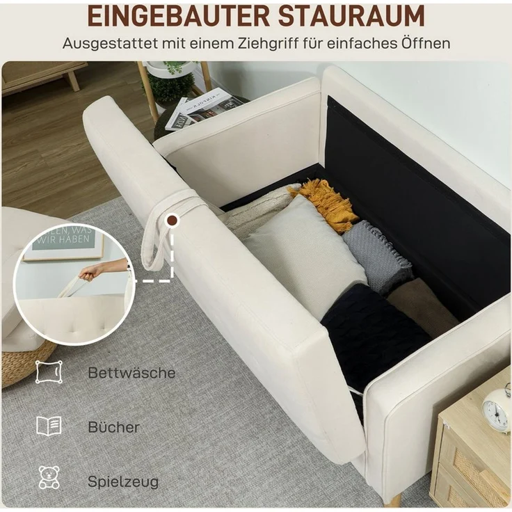 HOMCOM 2-Sitzer mit Stauraum, Knopfheftung 1 Teile, Kissen, 117 x 62 x 78 cm, Cremeweiß – Bild 4