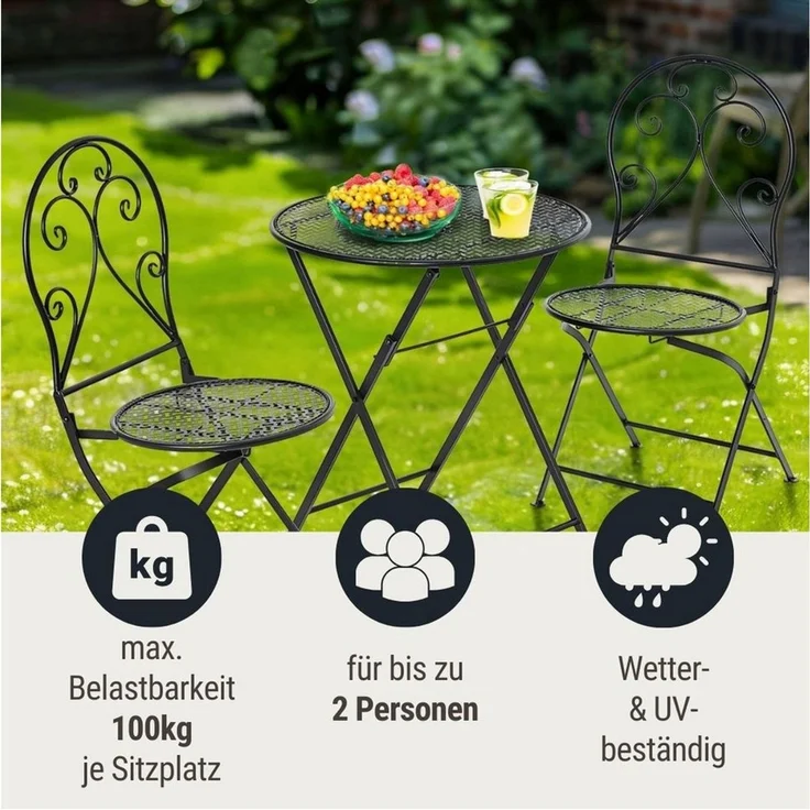 Wohnando Garten-Essgruppe Sitzmöbel Garten, kleines Bistroset "Core", schwarz, Balkonmöbel, (3-tlg), aus Metall 2 Stühle und 1 Tisch, verschnörkeltes, romantisches Design – Bild 5