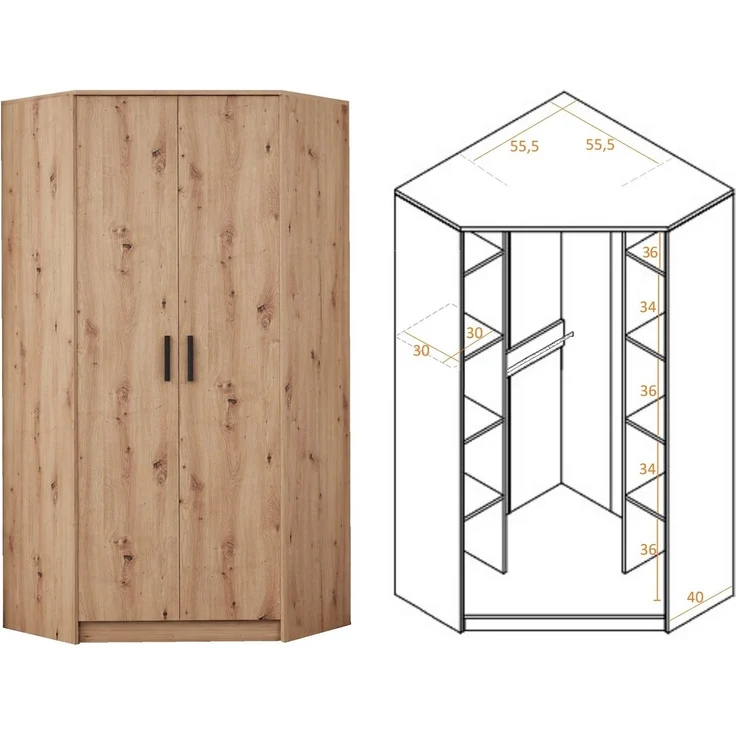 Marmex Möbel Grant Set-42A Eckschrank Kombination – Moderner Schlafzimmerschrank, laminierte Spanplatte, artisan Eiche + schwarz, 143/195x195x40 cm – Bild 3