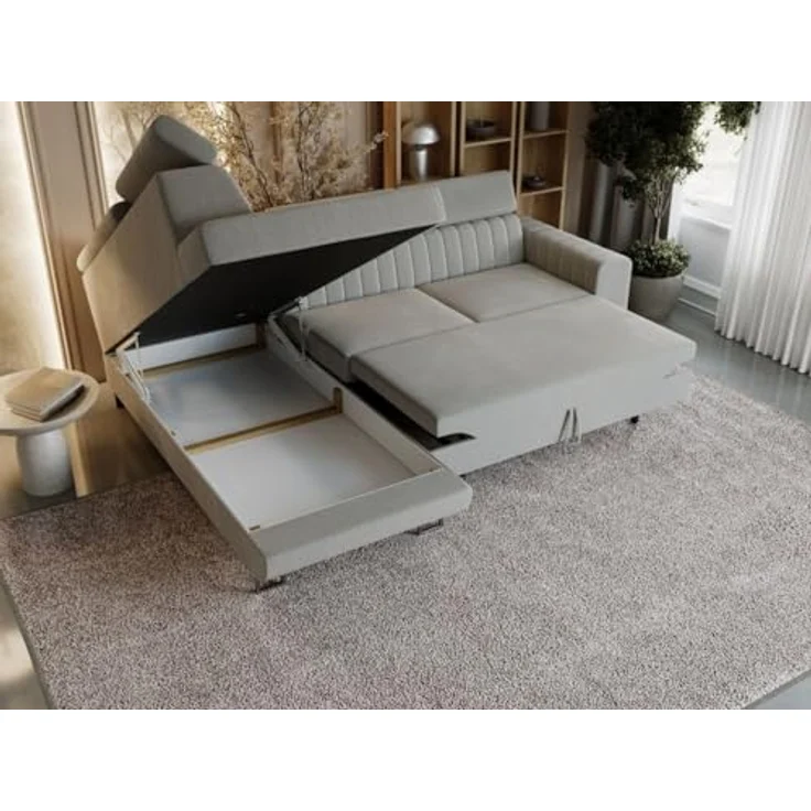 GrainGold Ecksofa mit Schlaffunktion und Bettkasten BERONA L - 255x190 cm, Grau, verstellbare Kopfstützen, Samt – Bild 7
