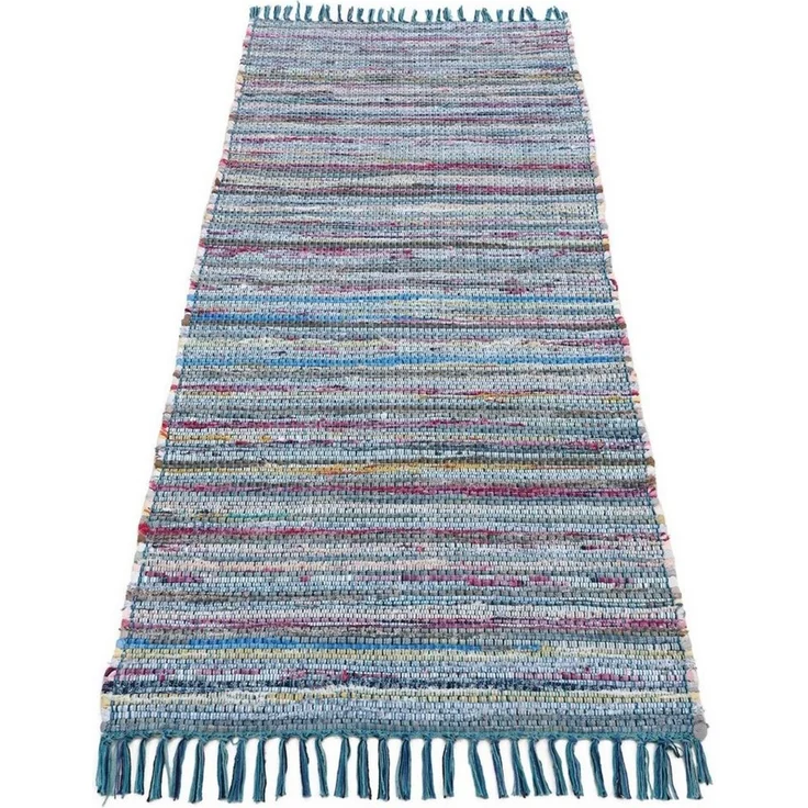 carpetfine 'Kelim Chindi' Teppich, Wendeteppich, rechteckig, Höhe: 6 mm, handgewebt, mit Fransen, Blau, 75x200 cm – Bild 1