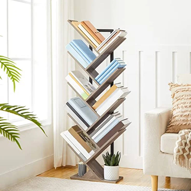 HOOBRO Bücherregal, Standregal mit 9 Ebenen, Holz DVD Regal, in Baumform, Metallgestell, für Wohnzimmer, Arbeitszimmer, Kinderzimmer, Greige EBG08SJ01G1 – Bild 5