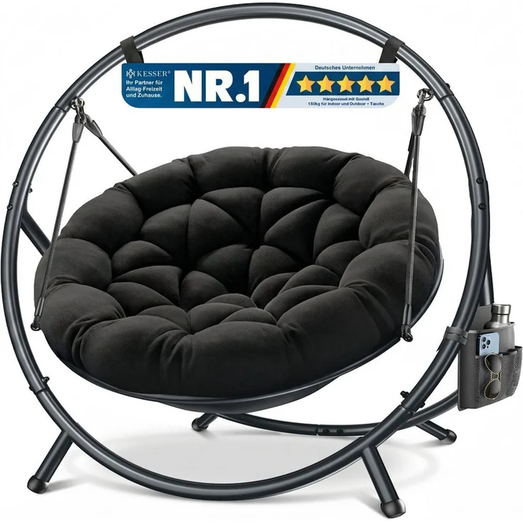 KESSER® 'BALI' Hängesessel, mit Gestell, bis 150kg, für Indoor und Outdoor + Kissen & Seitentasche, Stahlgestell/Schaumstoff Schwarz, 167,5 x 140 x 115,5 cm – Bild 1