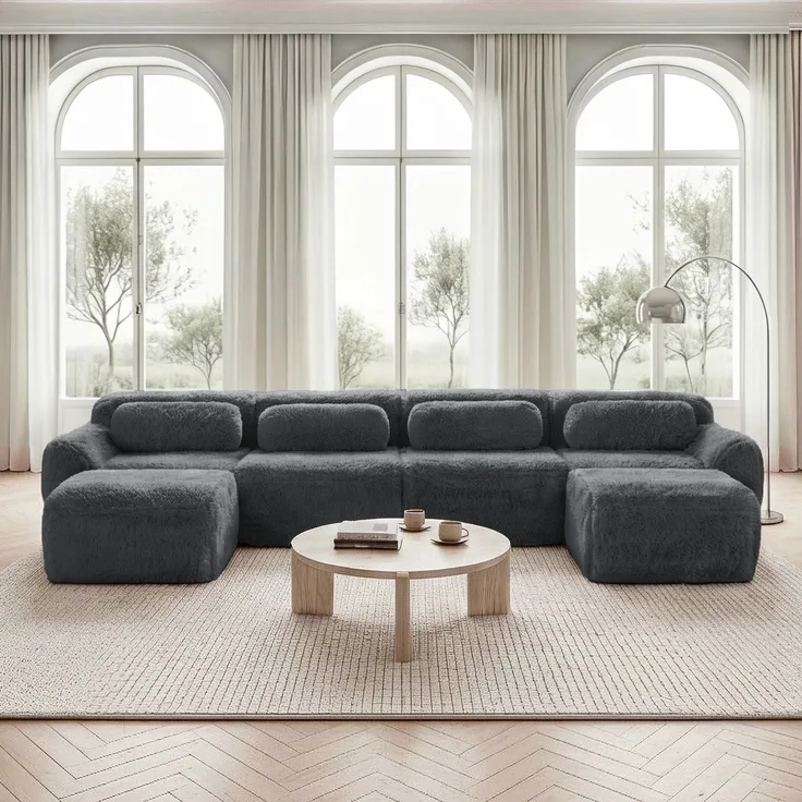 Modulares Sofa aus Plüsch mit rutschfester Basis & Kissen, grau