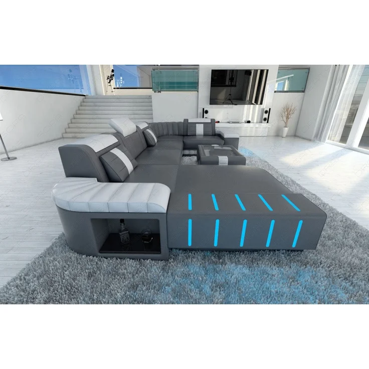 Sofa Dreams - Mini Designer Wohnlandschaft Bellagio Led U-Form - Büffelleder - Grau-Weiß - Links – Bild 2