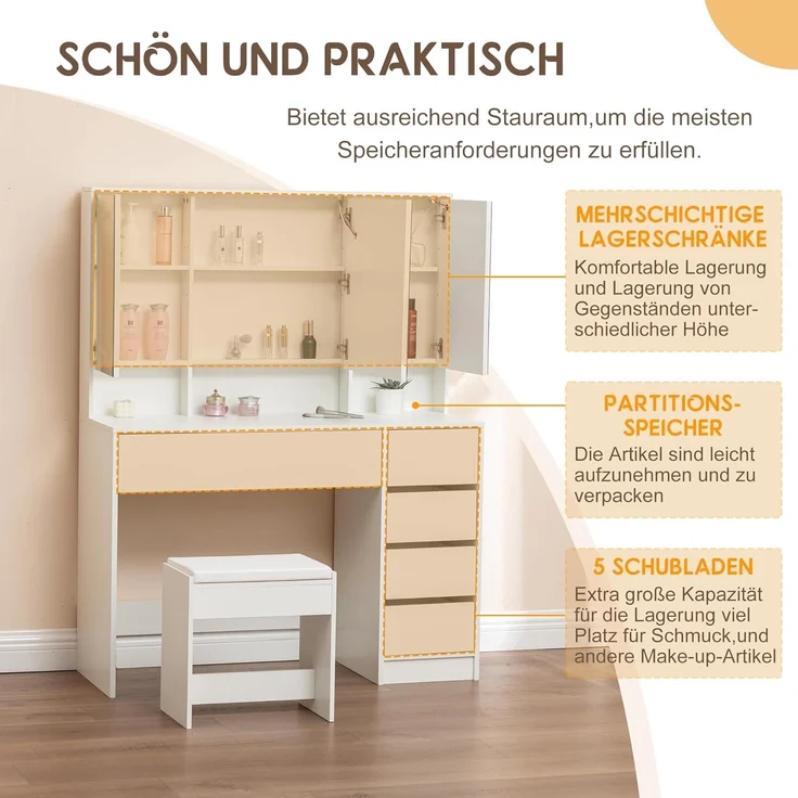Thanaddo Schminktisch mit verstellbaren LED-Spiegel, Schminktische mit Hocker und Schubladen (Schminktisch mit LED), Mit 9 Fächer zur Aufbewahrung,Mit 3 Helligkeitsstufen – Bild 4